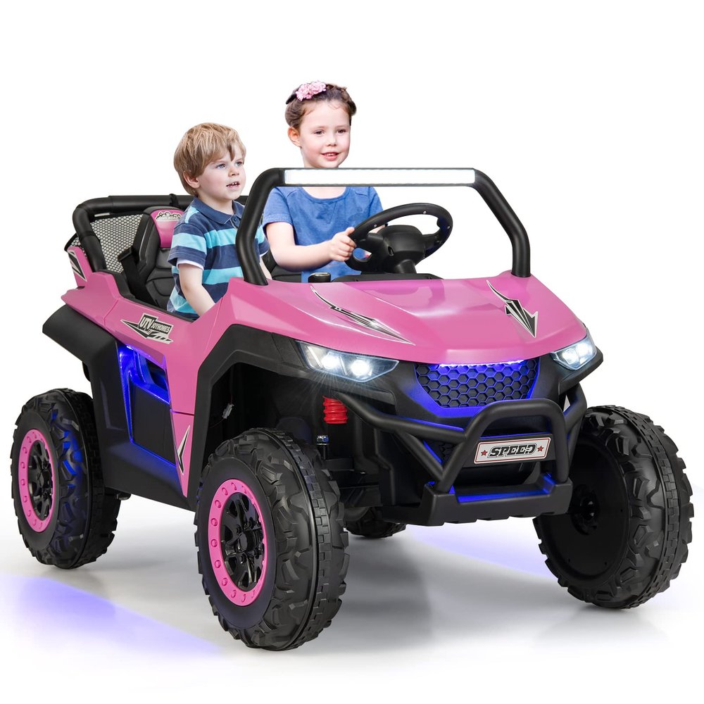 Costzon 2-Seater Ride on Car for Kids, 12V Kid' Electric Vehicles w/Remote Control, 4 Shock Absorbers, Wireless Music & FM, 3 Speeds, Ambiance Lights, Electric UTV, Kids Car for Boys Girls (Pink)
