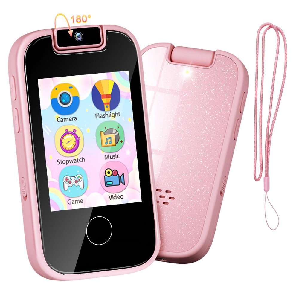 PTHTECHUS Kids Phone Toys for Girls Boys - Toddler Touchscreen MP3 Music Player with Dual Camera, Habit Tracker, Games, Alphabet, Educational Learning Toys Birthday Gifts for 3-7 with SD Card Pink