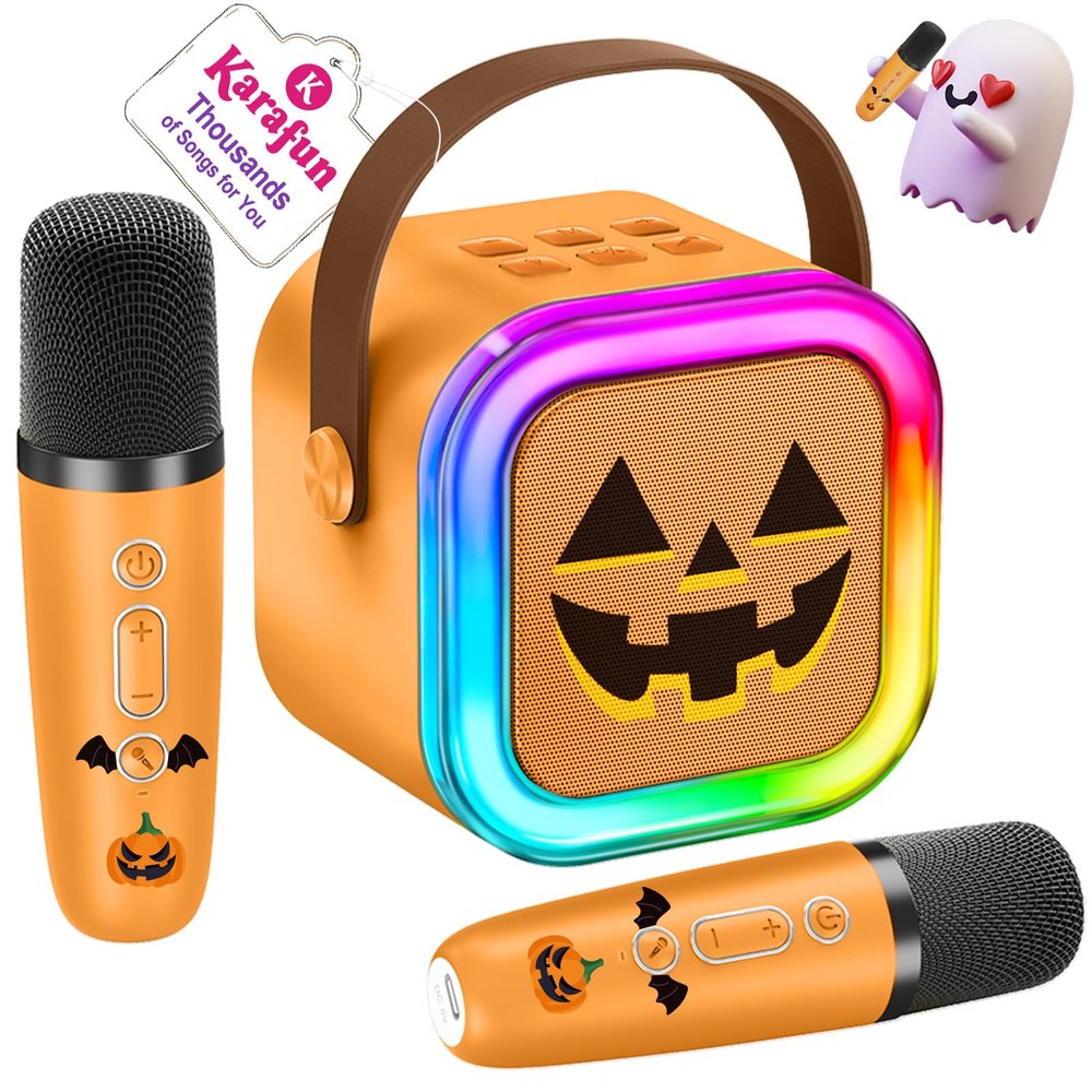 IROO Mini Karaoke Machine for Kids, Halloween Party Supplies & 2025 TOP Toy Gifts Ideas for Girls Boys Ages 4-12, Portable MP3 Player with 2 Wireless Mics for Birthday Christmas Singing GamesPumpkin
