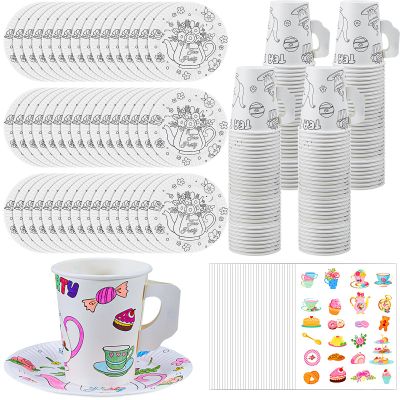 Lenwen 24 Set Color Your Own Tea Party Cups with Handle, DIY Coloring 8 oz Treat Paper Cups and Plates Snack Dessert Ice Cream Teacup Includes Stickers for Party, Decoration and Crafts (Floral)
