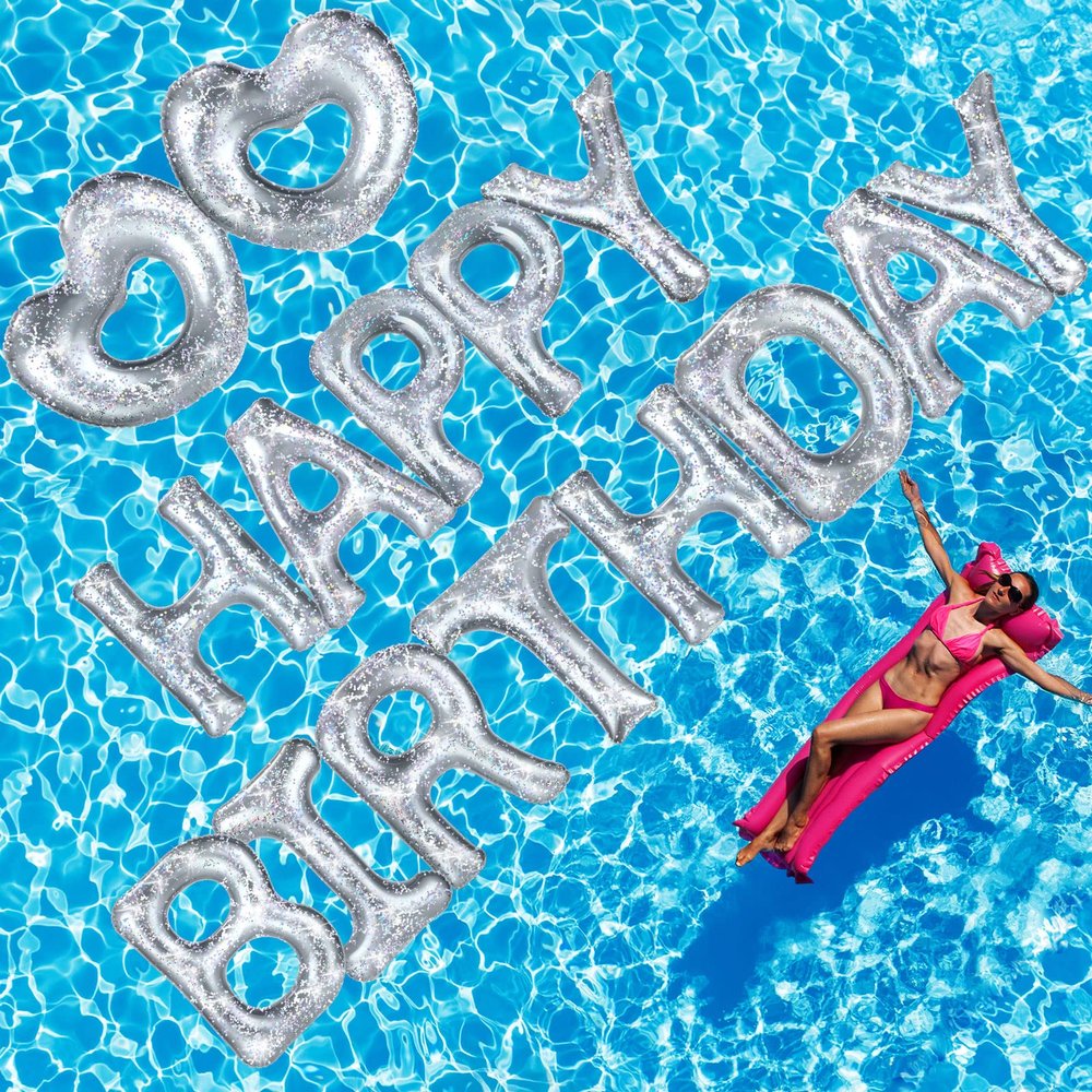 15 Pcs Happy Birthday Pool Float Inflatable Letter Heart Pool Party Float Combo Large 20'' Letter Balloons Float Decoration Water Swimming Pool Beach Toys with 40 Pcs Adhesive Dots for Party (Silver)