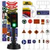 56 Pcs Traffic Signs and 2 Traffic Light Models for Kids, Assorted Color Plastic Road Signs Playset, Educational Toy for Learning Road Safety, Perfect for Home view 1