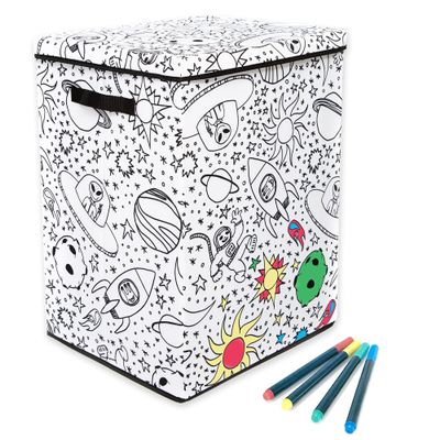 Kid's Coloring Lidded Hamper with 4-Pack Washable Markers (Space Print)