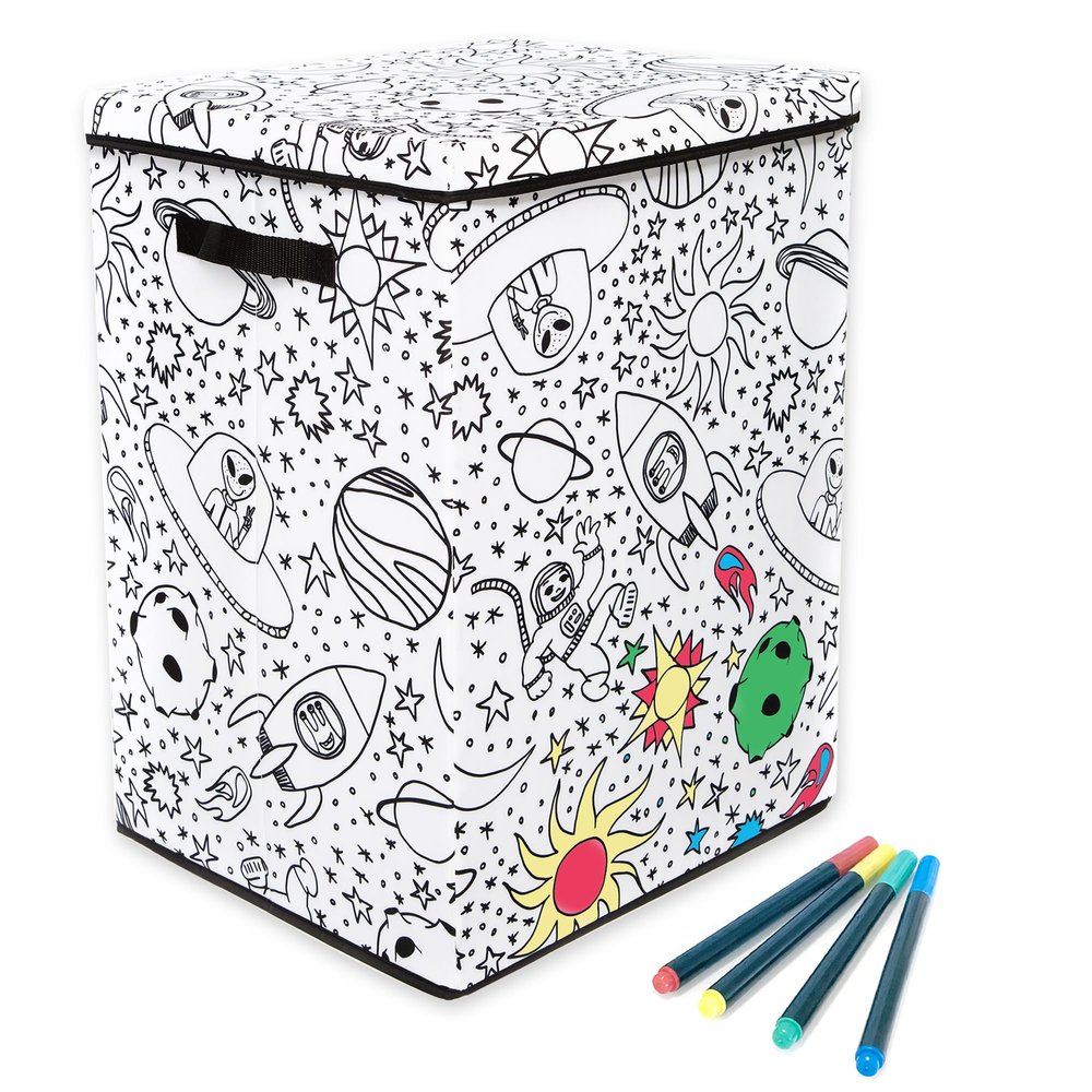 Kid's Coloring Lidded Hamper with 4-Pack Washable Markers (Space Print)