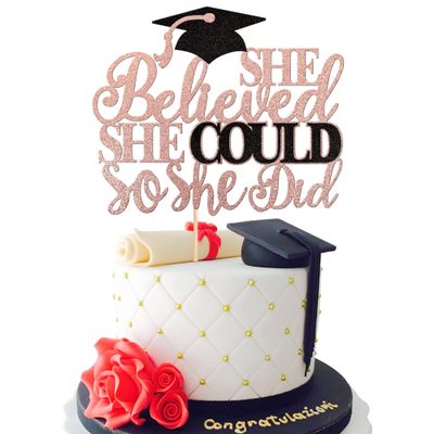 1 PCS She Believed She Could So She Did Cake Topper Glitter Congrats 2024 Grad Cap Cake Pick Class of 2024 Cake Decoration for 2024 Graduation Theme Party Decorations Supplies Rose Gold