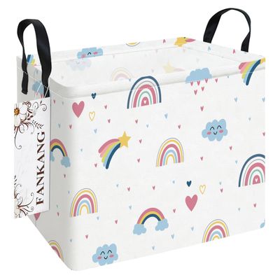 FANKANG Storage Bins, Nursery Hamper Canvas Laundry Basket Foldable with Waterproof PE Coating Large Storage Baskets for Kids Boys and Girls, Office, Bedroom, Clothes,Toys(Rec-Love Rainbow
