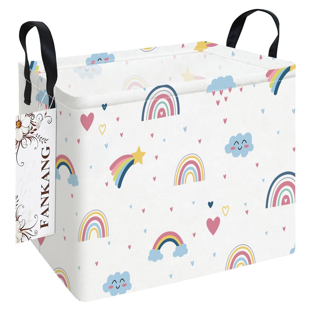 FANKANG Storage Bins, Nursery Hamper Canvas Laundry Basket Foldable with Waterproof PE Coating Large Storage Baskets for Kids Boys and Girls, Office, Bedroom, Clothes,Toys(Rec-Love Rainbow