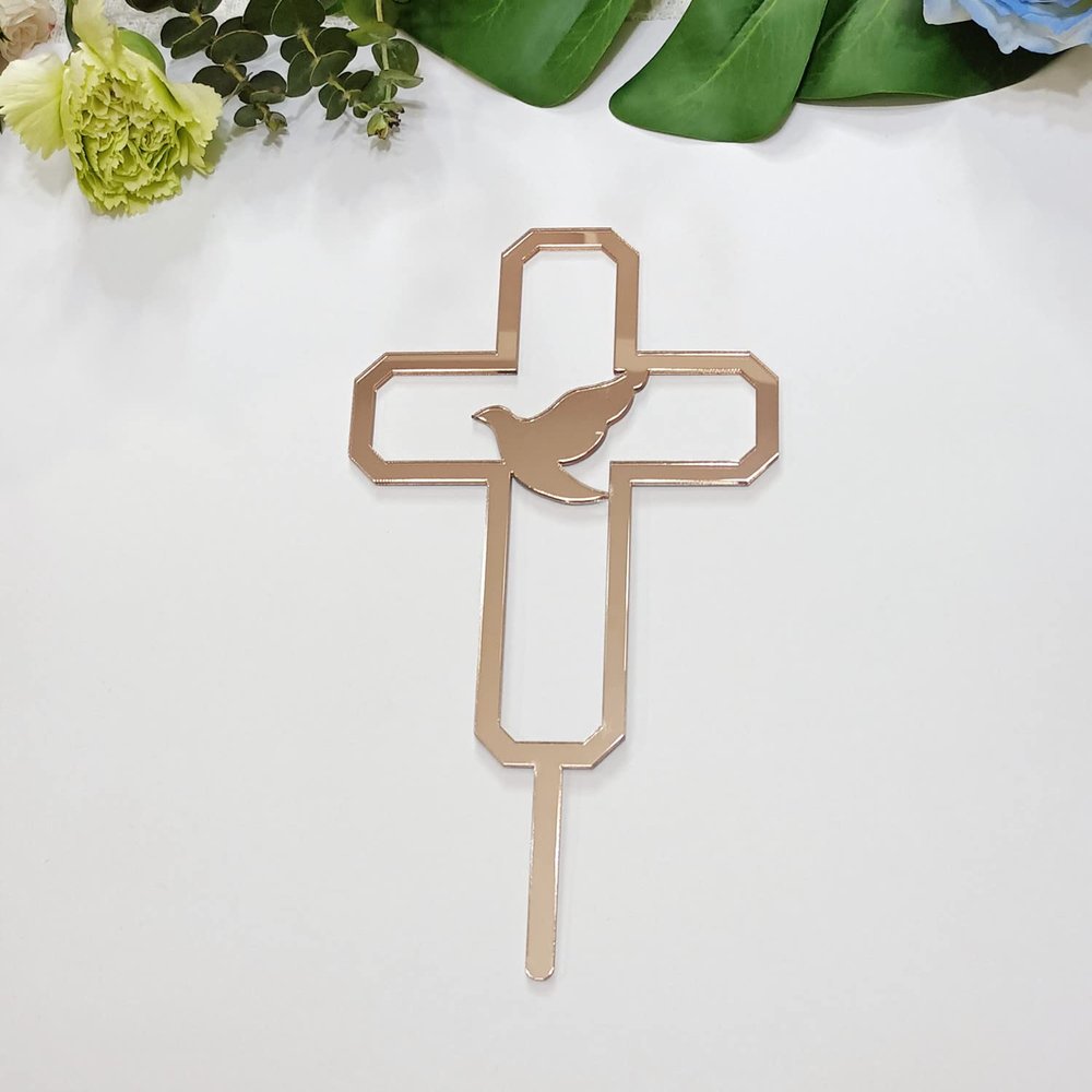 10pcs of Religious Cake Topper,Cross With a Dove Acrylic Cake Topper,Holy Spirit Topper,Confirmation Topper Religious Birthday Wedding Modern Elegant (6'', Rose Gold)
