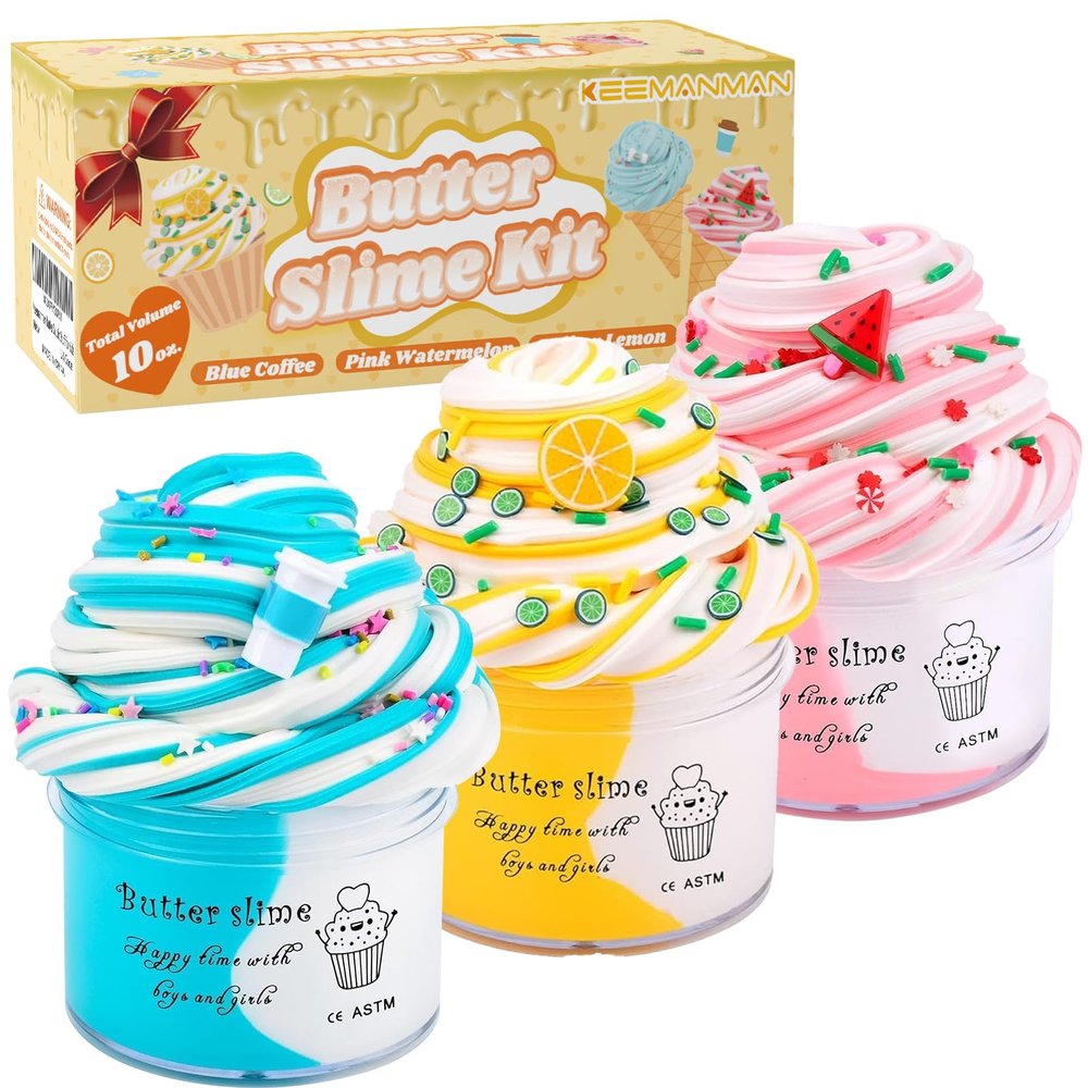 Keemanman Butter Slime Kit 3 Pack with Watermelon, Latte and Lemon Charms, Cool Preppy Stuff, Cute Stress Relief Toys and Birthday Gifts Ideas for Girls and Boys, Scented Aesthetic Stuff for Kids