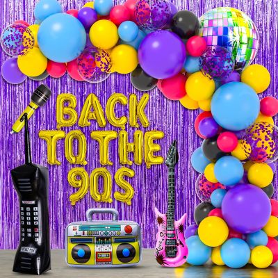 101PCS 90s Party Decorations, 90's Birthdays Party Supplies Bundle Includes Inflatable Disco Ball Radio Boom Box Retro Mobile Phone Guitar and Mobile Phone, Back to 90s Hip Hop Party Balloons Arch