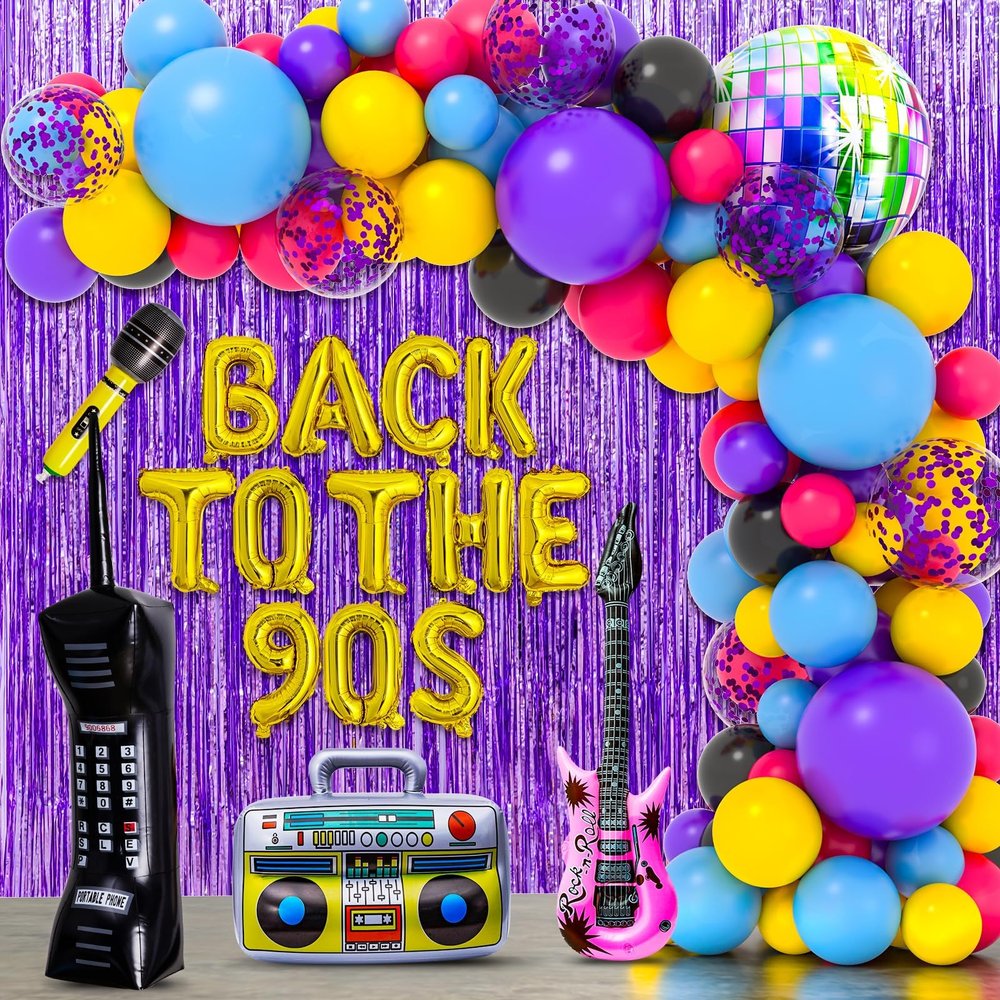 101PCS 90s Party Decorations, 90's Birthdays Party Supplies Bundle Includes Inflatable Disco Ball Radio Boom Box Retro Mobile Phone Guitar and Mobile Phone, Back to 90s Hip Hop Party Balloons Arch