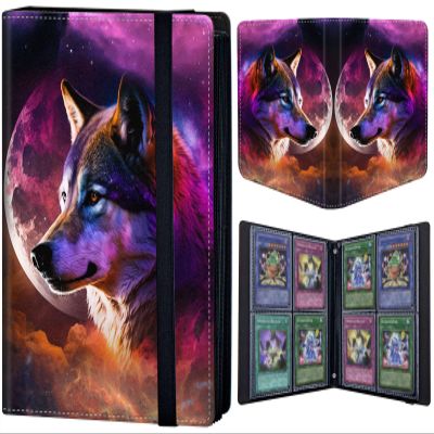 Trading Card Binder 4 Pocket 320 Cards,Card Holder Book with Elastic Band Fit Most Standard Size Cards,Card Collection Binder Case for Baseball Football Basketball Cards Pokemon & MTG,Starry Wolf