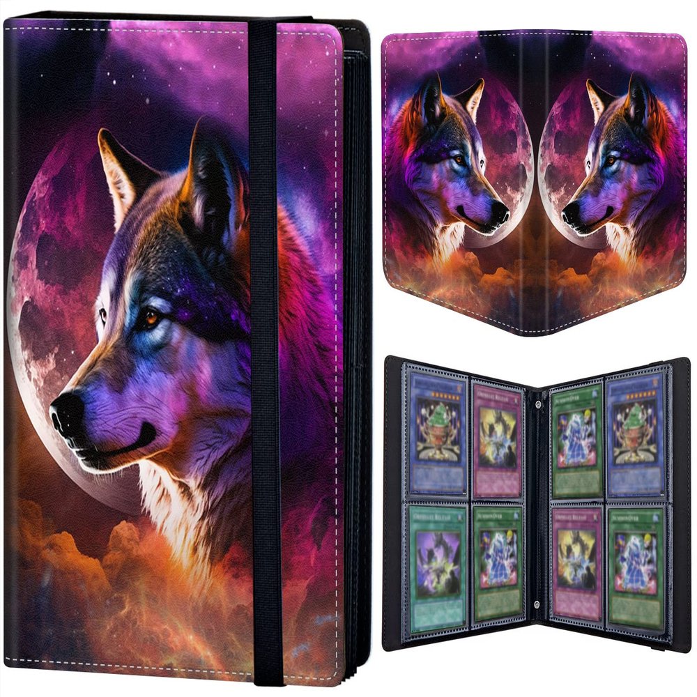 Trading Card Binder 4 Pocket 320 Cards,Card Holder Book with Elastic Band Fit Most Standard Size Cards,Card Collection Binder Case for Baseball Football Basketball Cards Pokemon & MTG,Starry Wolf