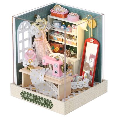 CUTEROOM DIY Doll House Miniature Furniture Wooden House Kit with Dust Cover & LED Light and Accessories - New Three Styles QT Series Dollhouse (QT047)