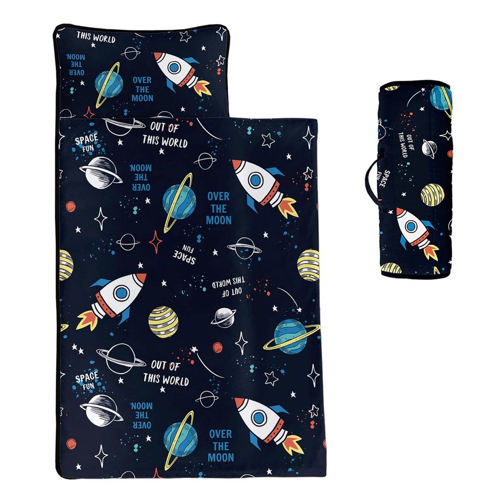 Datura home Space Nap Mat - Space Ship Galaxy Sleeping Bag with Removable Pillow - Daycare and Sleepovers Preschool Kindergarten Bedding Set for Kids Toddler Boys Girls (60"x21" Space)