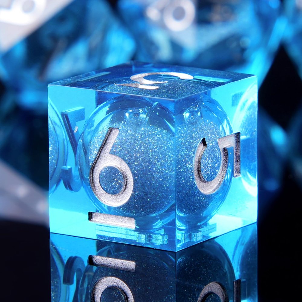 YEMEKO Handmade Liquid DND Dice Set, Liquid Core DND Dice Quicksand Ball, 7 Accessories Dice for Dungeons and Dragons, RPG Polyhedral Resin Sharp Edge Dice Roleplaying Liquid Blue