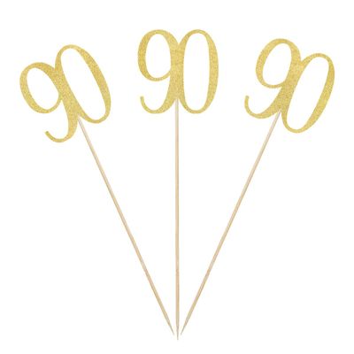 Gold Glitter 90th Birthday Centerpiece Sticks, 12-Pack Number 90 Table Topper Anniversary Party Decorations
