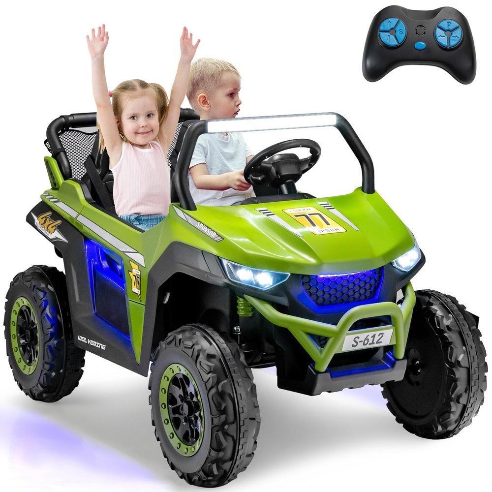 OLAKIDS 2 Seater Ride on Car for Kids, 12V UTV Kids' Electric Vehicles with Remote Control, Spring Suspension, Soft Start, Music Bluetooth FM, Battery Powered for Ages 3-8 (Green)