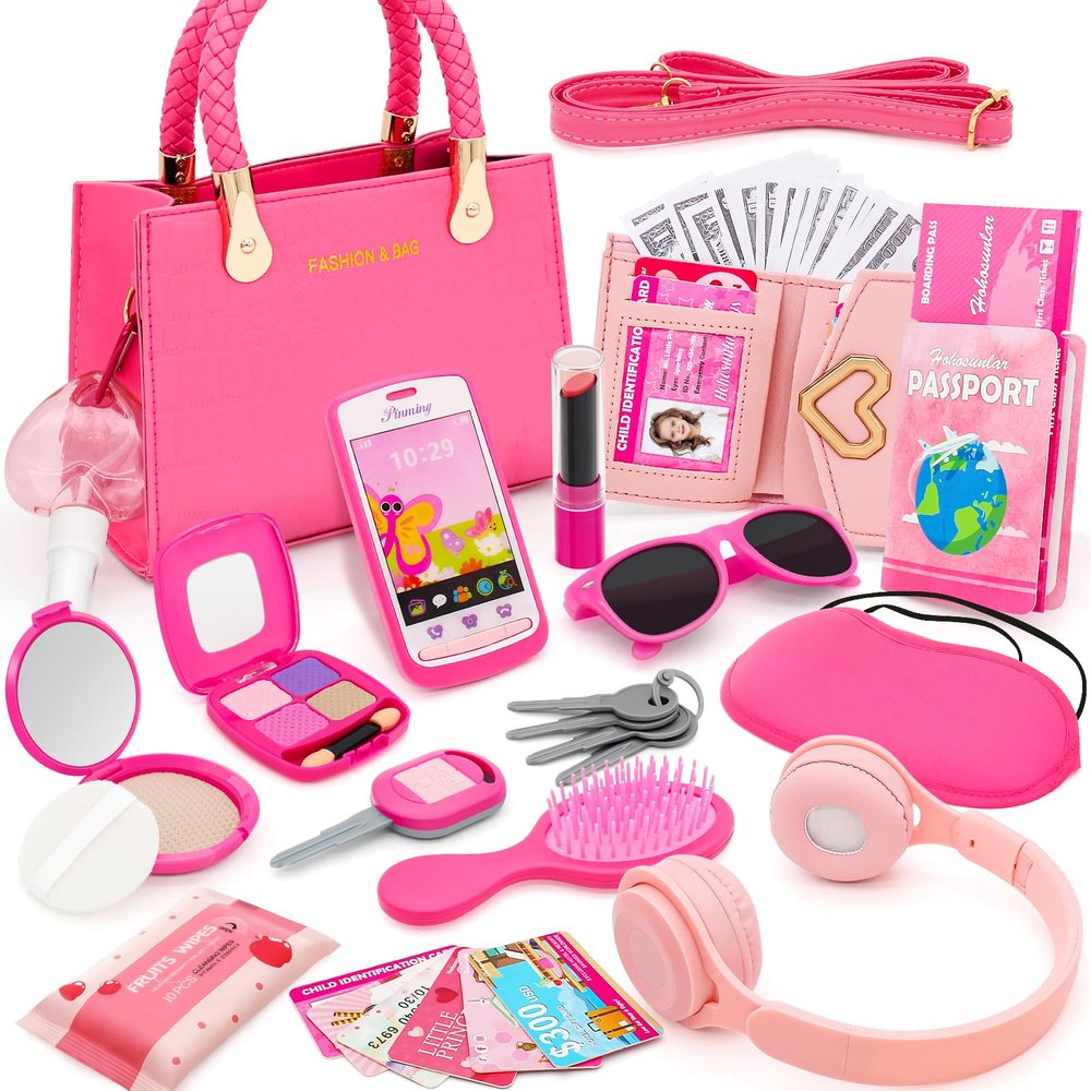 Little Girl Purse with Pretend Makeup for Toddlers, 49PCS Kids Play Purse Set - Princess Toy Accessories, Pretend Play Headset Wallet Phones Sunglasses Keys Credit Cards Birthday Gift for Girls Age 3+