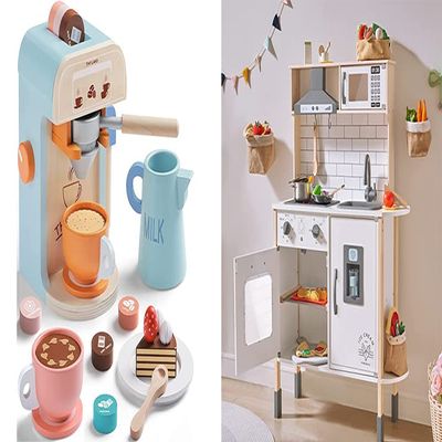 Play-Kitchen-for-Kids with 18 Pcs Toy Food & Kids Coffee Maker Wooden Kitchen Toys - 17Pcs Toy Coffee Maker Playset