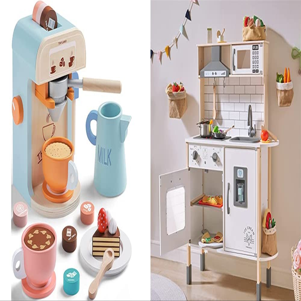 Play-Kitchen-for-Kids with 18 Pcs Toy Food & Kids Coffee Maker Wooden Kitchen Toys - 17Pcs Toy Coffee Maker Playset