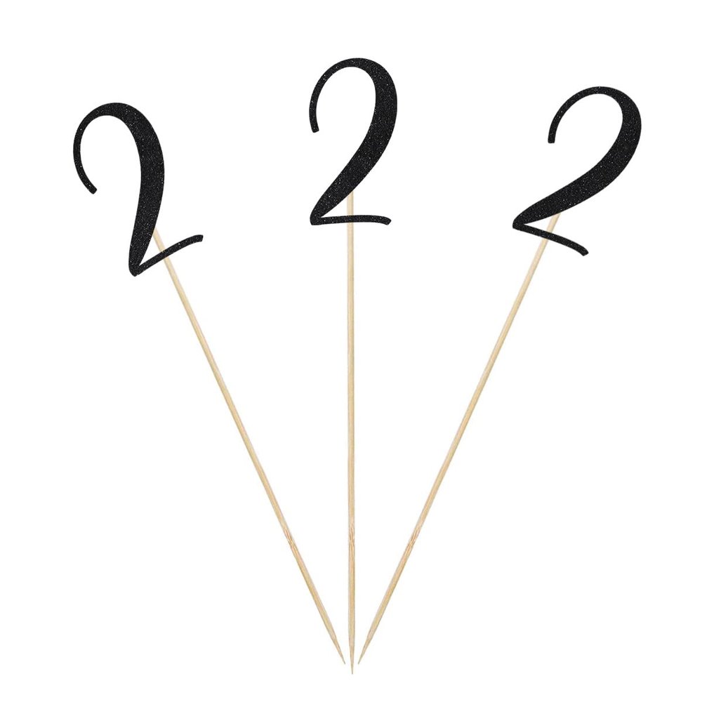 Black Glitter 2nd Birthday Centerpiece Sticks, 12-Pack Number 2 Table Topper Anniversary Party Decorations