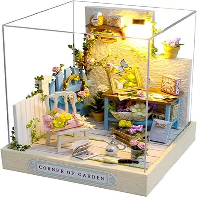 1:24 Scale Creative Room Mini Wooden Doll House Plus Dust Proof,DIY Miniature Dollhouse Kit with Furniture for Kids Teens Adults (Corner of Garden)