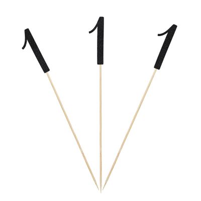 Black Glitter 1st Birthday Centerpiece Sticks, 12-Pack Number 1 Table Topper Anniversary Party Decorations