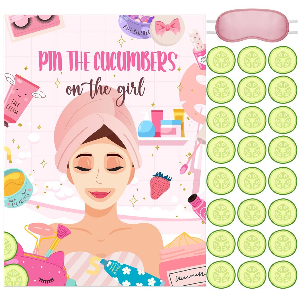 Ireer 38 Pieces Spa Party Games Pin The Cucumbers on The Girl Spa Stickers Poster with Blindfolds Game Makeup Party Decorations for Kids Girl Women Birthday Supplies Decorations
