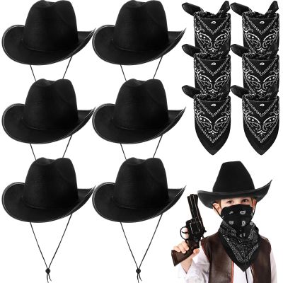 Unittype 12 Pcs Kids Cowboy Hat Set Western Cowgirl Hat and Polyester Bandanas for Boys Girls Cosplay Costume Party Favors(Black,Classic)