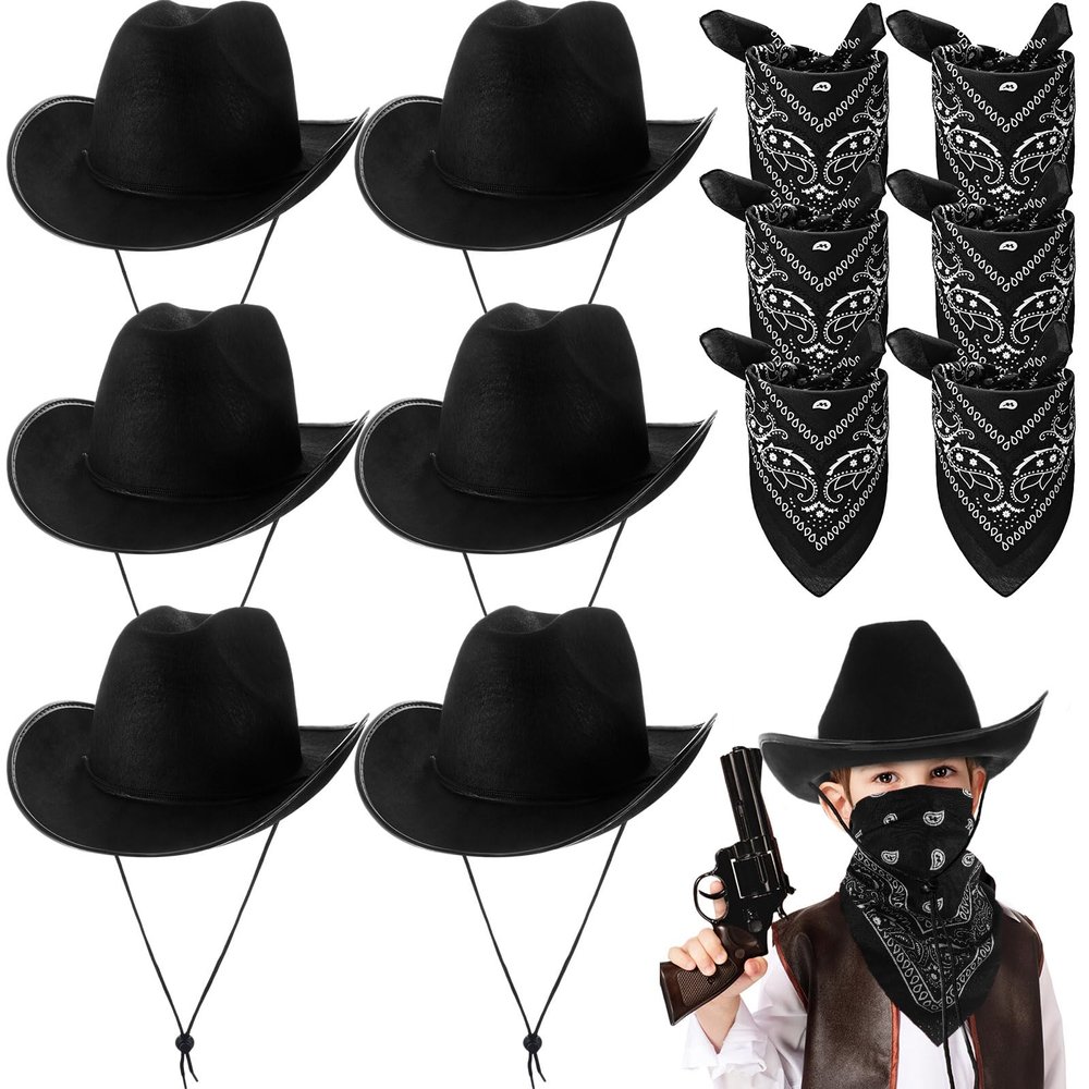 Unittype 12 Pcs Kids Cowboy Hat Set Western Cowgirl Hat and Polyester Bandanas for Boys Girls Cosplay Costume Party Favors(Black,Classic)