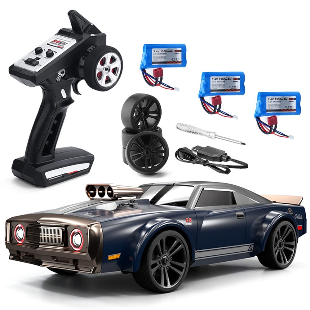 GoolRC 1:16 RC High Speed Remote Control Car, 4WD 35KM/H Drifting Car with LED Lights and Extra Tires - 3 Batteries (Blue)