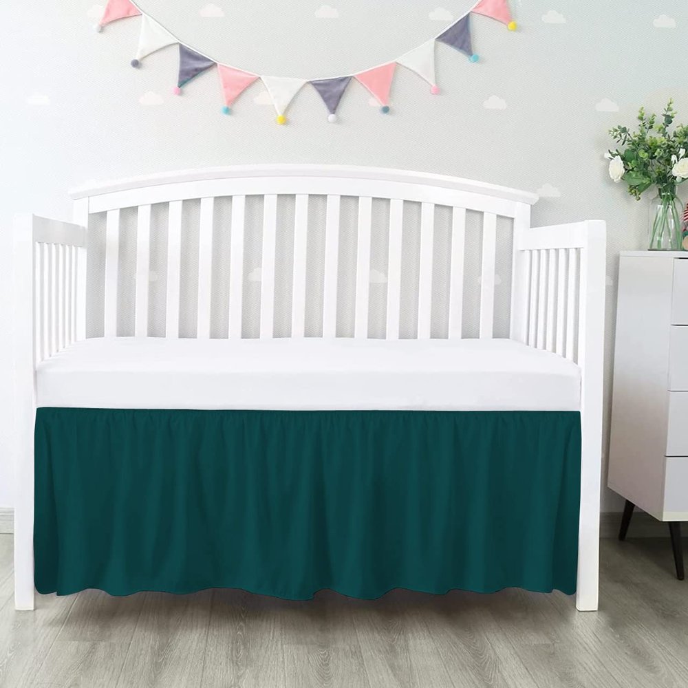 100% Egyptian Cotton, Nursery Crib Toddler (28" x 52" + 14") 800 Thread Count Crib Skirt Dust Ruffle, Bedding Skirts for Baby Boys or Girls, 14" Drop, Teal Solid