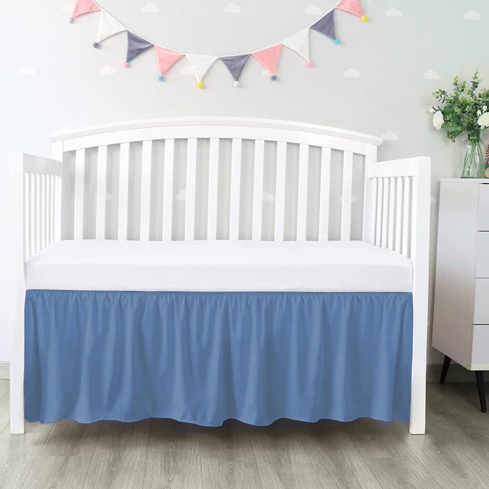 100% Egyptian Cotton, Nursery Crib Toddler (28" x 52" + 14") 800 Thread Count Crib Skirt Dust Ruffle, Bedding Skirts for Baby Boys or Girls, 14" Drop, Medium Blue Solid