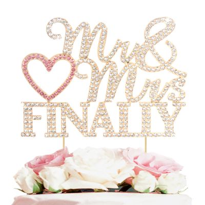 LASKYER Finally Mr & Mrs Gold & Pink Wedding Rhinestone Cake Topper - Perfect for Bridal Shower Engagement Wedding Party Metal Sparkly Cake Centerpieces Topper Decorations Keepsake.