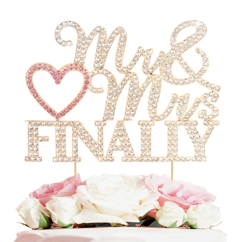 LASKYER Finally Mr & Mrs Gold & Pink Wedding Rhinestone Cake Topper - Perfect for Bridal Shower Engagement Wedding Party Metal Sparkly Cake Centerpieces Topper Decorations Keepsake.