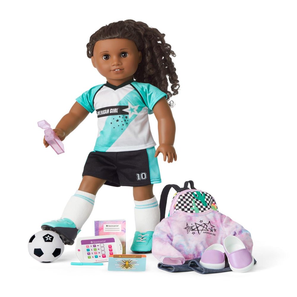 American Girl Truly Me 18-inch Doll 67 & School Day to Soccer Play Playset with Supplies, Uniform, and Ball, For Ages 6+