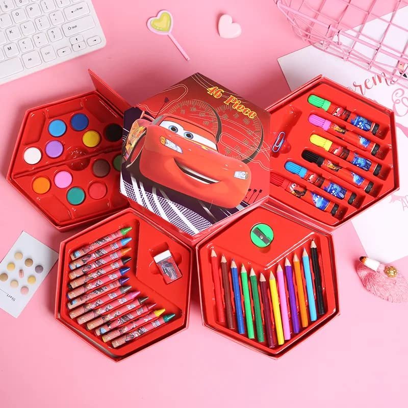 Coloring kit (46pcs) for kids, crayons, waterproof brush pens, color pencils (Cars)