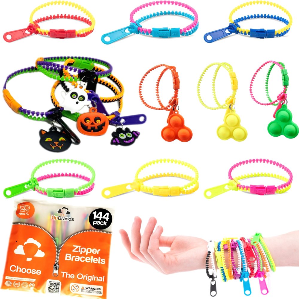 UpBrands 144 Zipper Bracelets - Fidget Bracelet Party Favors for Kids, Stress Relief Fidget Toys, ADHD Fidget Toys For Kids - Bulk Sensory Bracelets for Goodie Bag, Pinata & Easter Eggs Stuffers