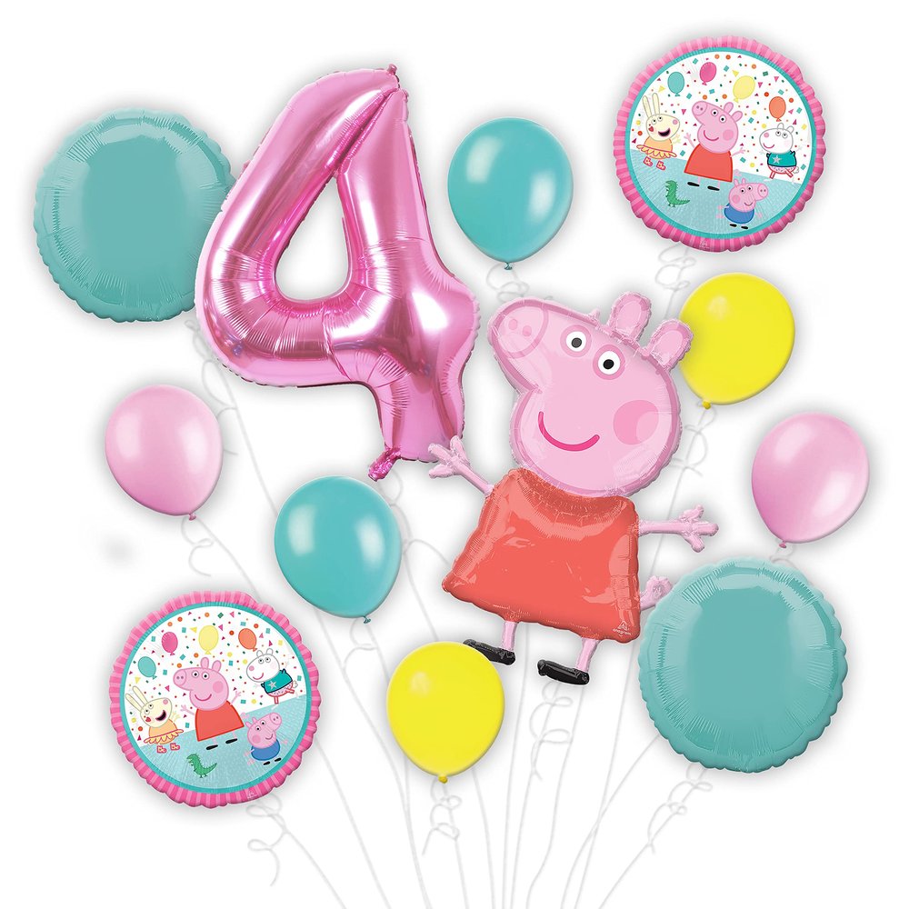 Customizable Peppa Pig Balloon Bouquet featuring Peppa - Choose your Age Number - Party Supplies Bundle, Birthday Decorations, Foil and Latex, Inflate With Helium