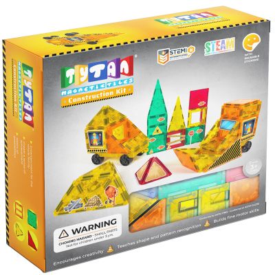 Tytan Tiles Construction Site & Trucks 60-Piece Magnetic Tiles Building Set, Fun Kids STEM Toy, Creative Play, Shape & Pattern Recognition, Fine Motor Skills, Includes Storage Bag, Ages 3 and Up