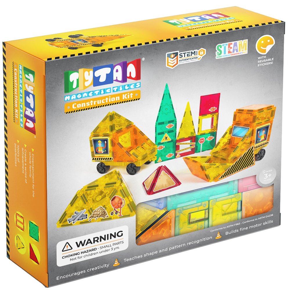 Tytan Tiles Construction Site & Trucks 60-Piece Magnetic Tiles Building Set, Fun Kids STEM Toy, Creative Play, Shape & Pattern Recognition, Fine Motor Skills, Includes Storage Bag, Ages 3 and Up