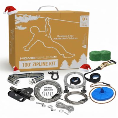 HomeZiplines Zip Line for Kids and Adults up to 350 lbs, 100/150/200 Ft Backyard Zipline Kit with Safety Harness, Quick Setup, Spring Brake System, Cushioned Seat, Rustproof Stainless Steel Cable