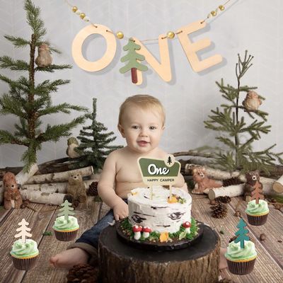 14 pcs One Happy Camper Set - Camping Cake Topper, Woodland Birthday Party Decoration, 1st Camper Birthday Banner
