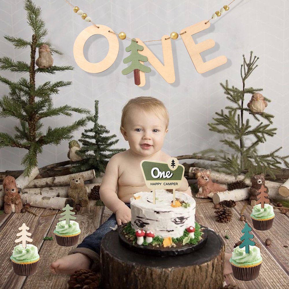 14 pcs One Happy Camper Set - Camping Cake Topper, Woodland Birthday Party Decoration, 1st Camper Birthday Banner