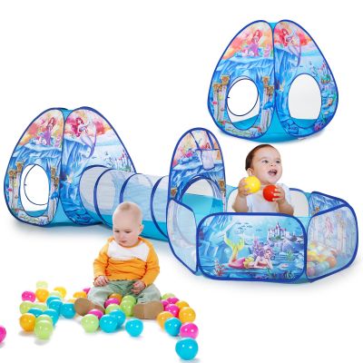 3 in 1 Mermaid Kids Play Tent with Play Tunnel, Ball Pit, Basketball Hoop for Boys & Girls, Toddler Pop Up Playhouse Toy for Baby Indoor/Outdoor, Gift for Year Old Child