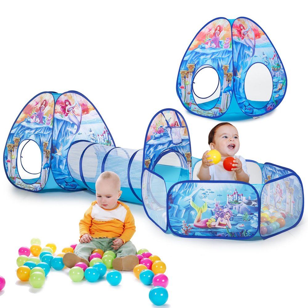 3 in 1 Mermaid Kids Play Tent with Play Tunnel, Ball Pit, Basketball Hoop for Boys & Girls, Toddler Pop Up Playhouse Toy for Baby Indoor/Outdoor, Gift for Year Old Child