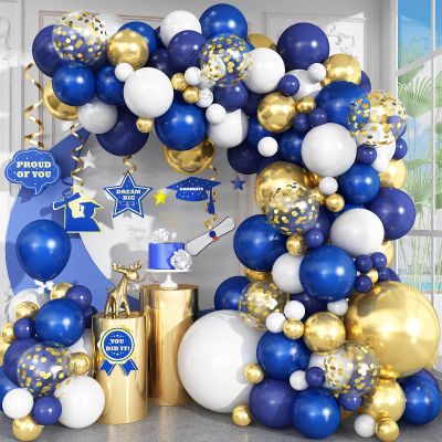 112pcs Royal Blue Gold White Balloon Arch Garland Kit, Navy Blue and Gold Balloon Arch Kit With Confetti Metallic Chrome Balloons, White Latex Matte Balloons for Graduations Birthday Party Decorations