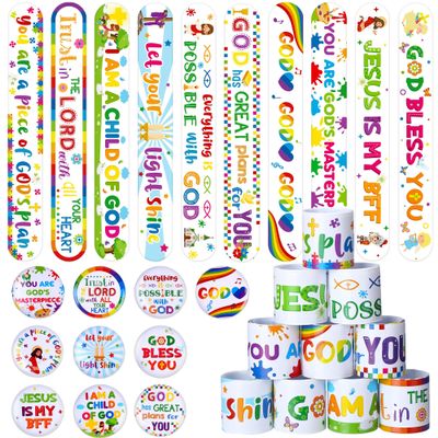 Frienda 60 Pcs Religious Gifts Christian Slap Bracelets with Badges Christian Gifts for Kids Jesus Love You Wristbands Bracelets for Vbs Sunday School Supplies Birthday Party Favors(Religious)