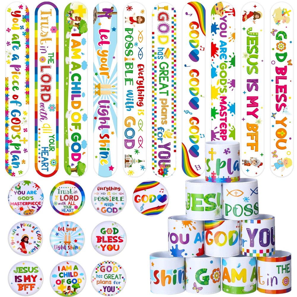 Frienda 60 Pcs Religious Gifts Christian Slap Bracelets with Badges Christian Gifts for Kids Jesus Love You Wristbands Bracelets for Vbs Sunday School Supplies Birthday Party Favors(Religious)